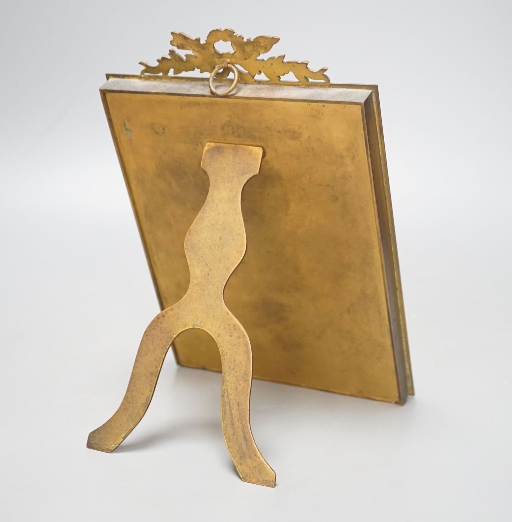 A late 19th century Dresden porcelain and ormolu mounted easel frame, height 23cm